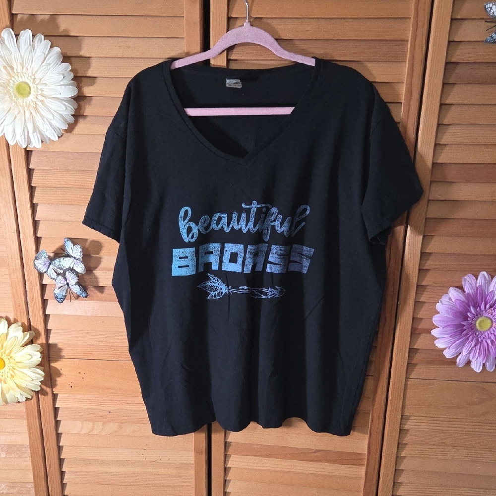 Gildan Black Short Sleeve Tee with Blue 'Beautiful' Graphic